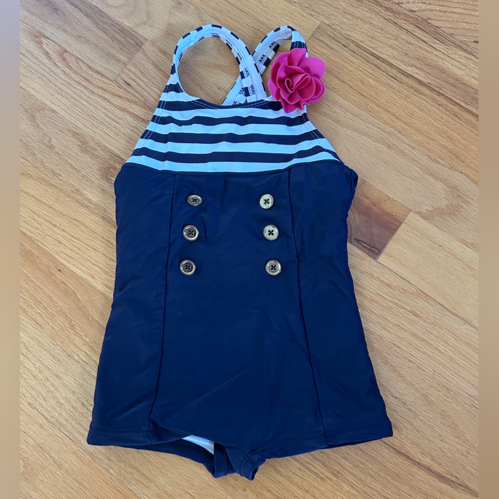 Janie and Jack Navy & White Striped One-Piece with Pink Flower